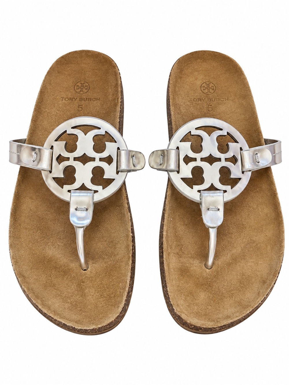 Tory Burch Silver Logo Thong Sandals - Brown Footbed